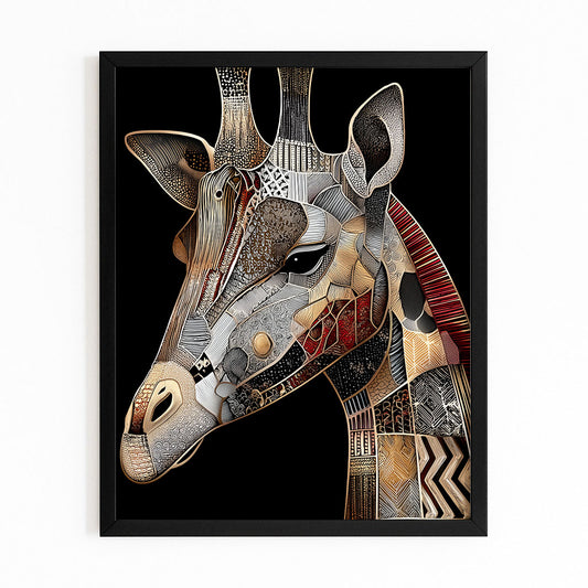 Framed artwork of a giraffe with a mosaic pattern on a black background