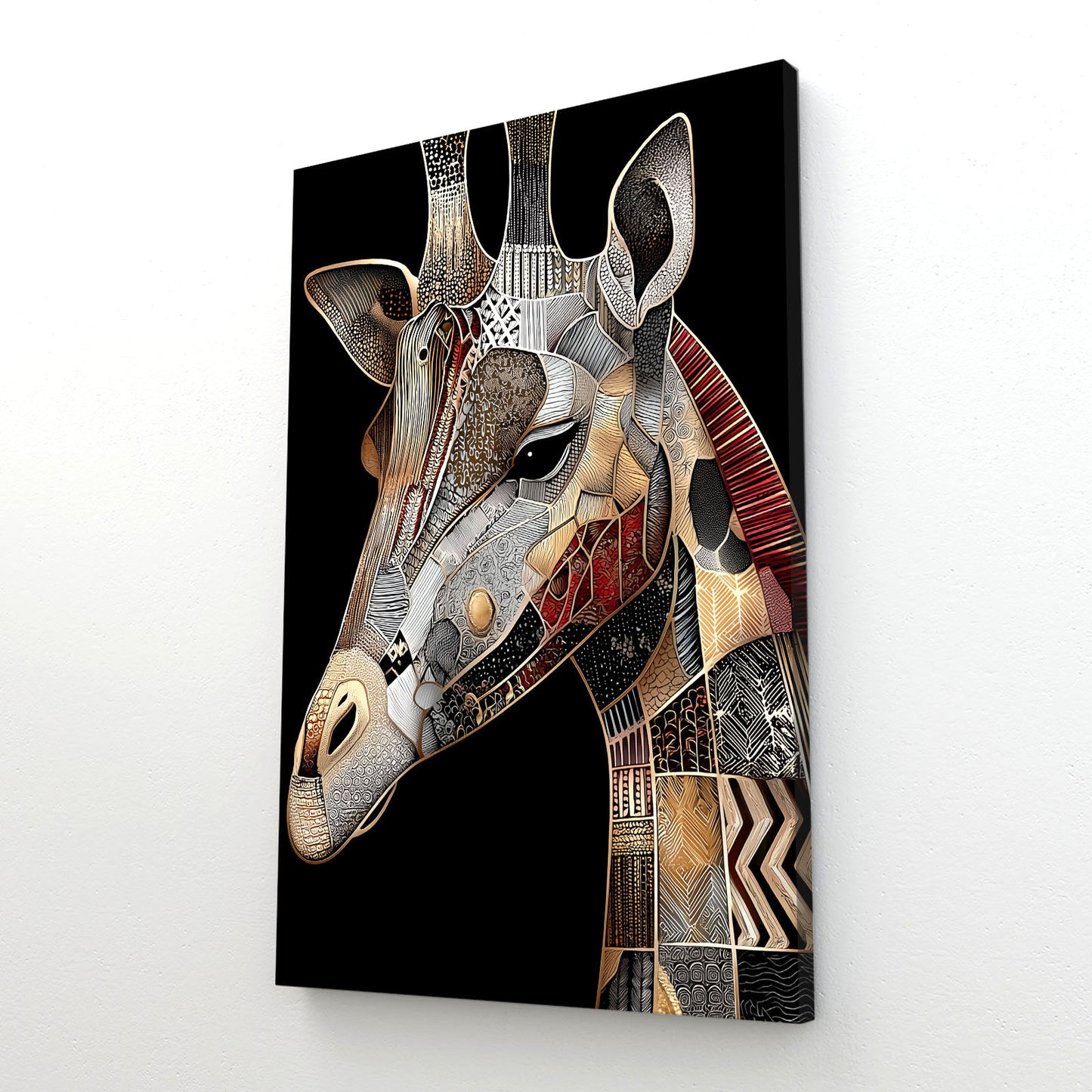 Abstract art of a giraffe with geometric patterns on a black background