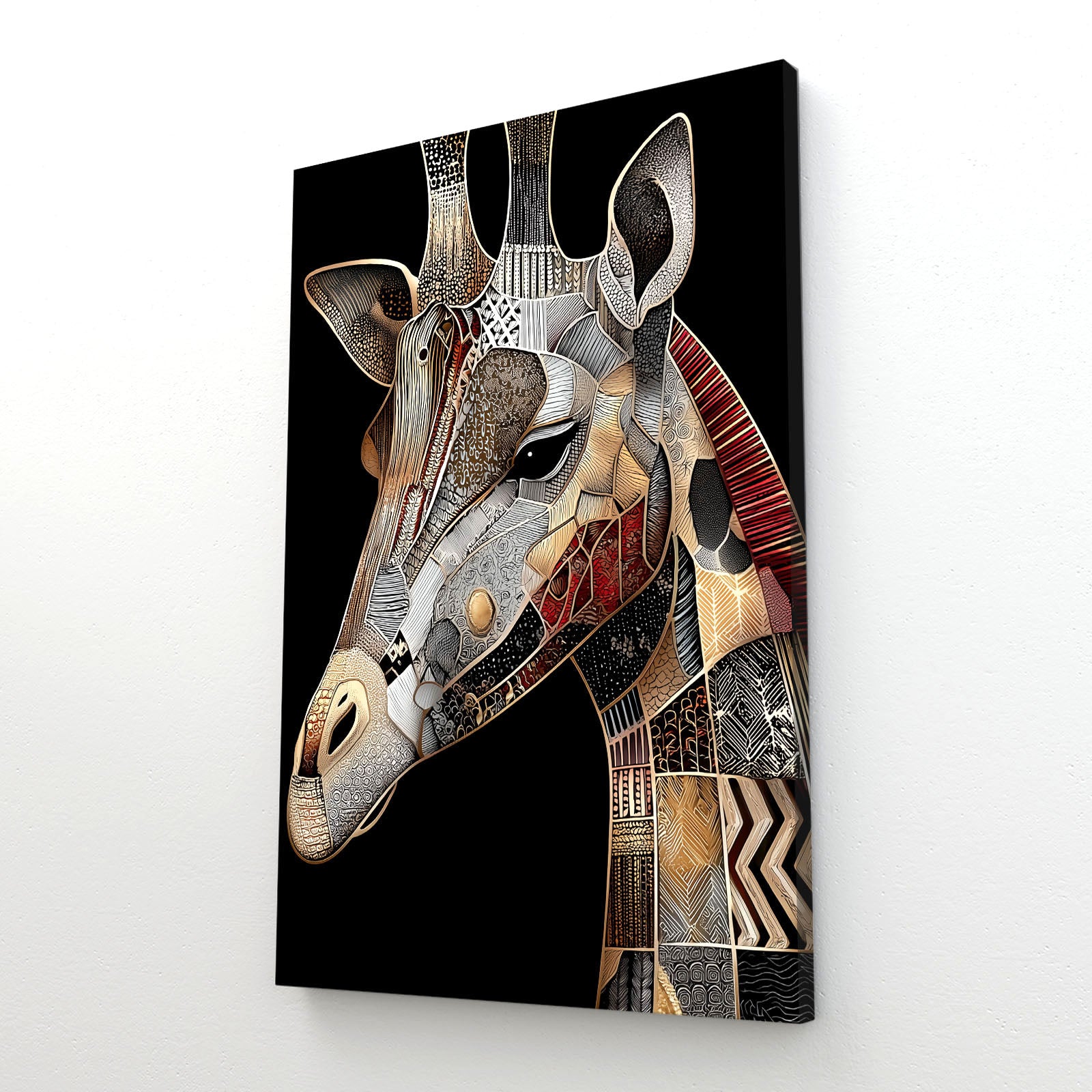 Abstract art of a giraffe with geometric patterns on a black background