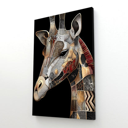 Abstract art of a giraffe with geometric patterns on a black background