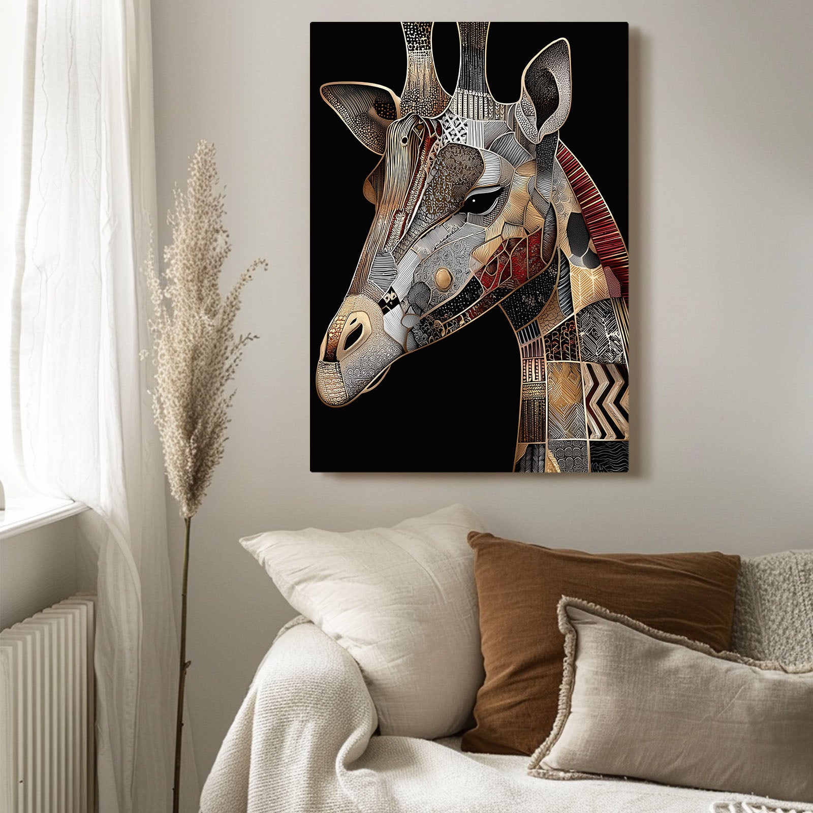 Abstract giraffe painting on a wall above a sofa with decorative pillows.