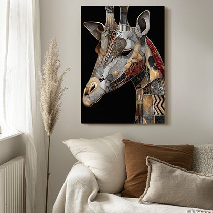 Abstract giraffe painting on a wall above a sofa with decorative pillows.