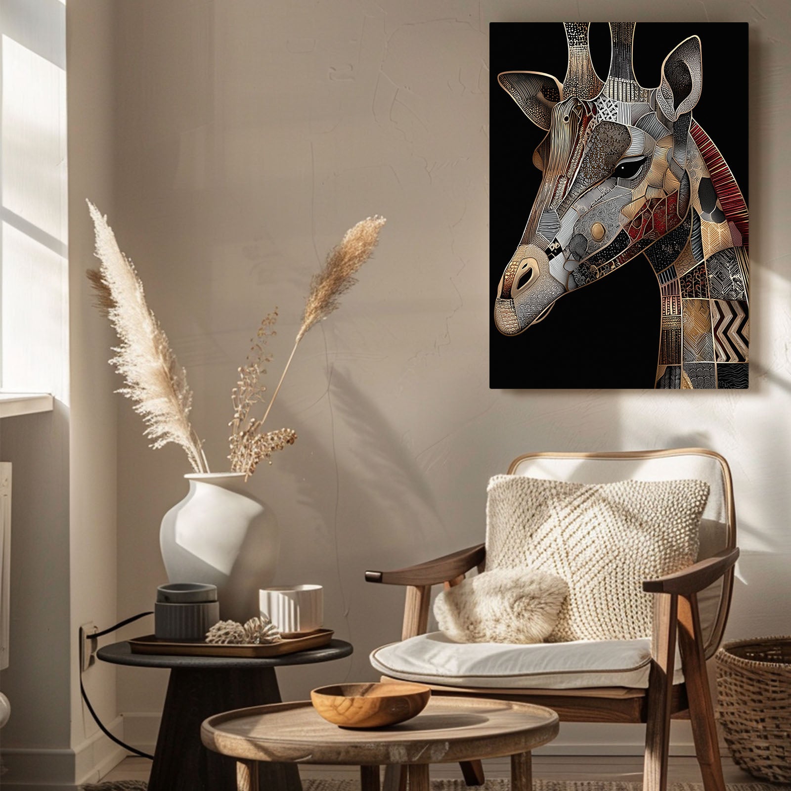Living room with a wooden armchair, small table, and decorative items including a vase and a painting of a giraffe.