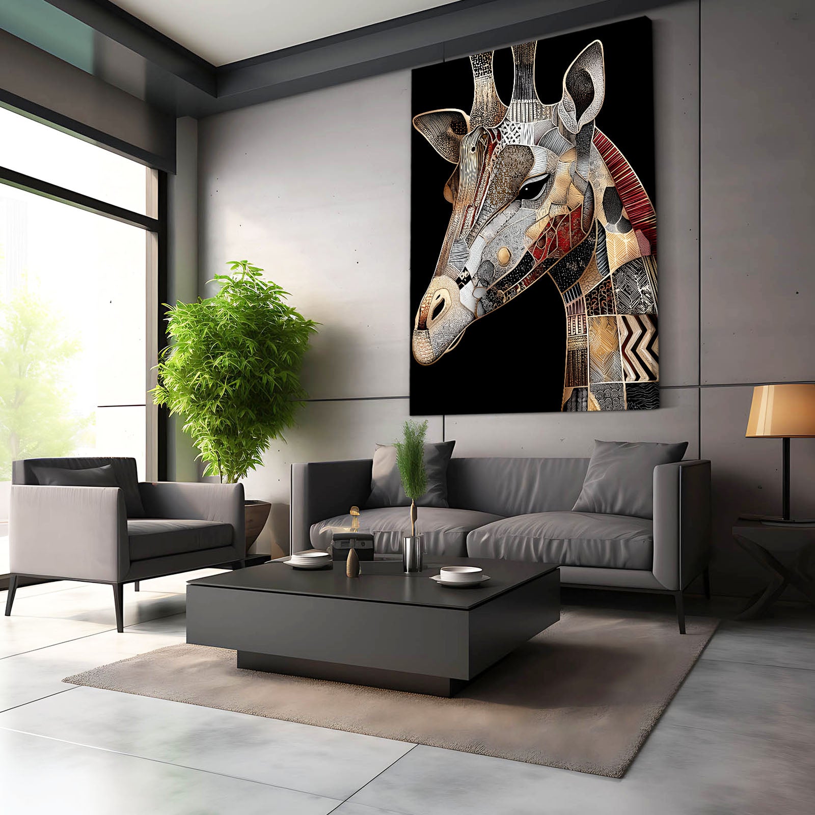 Modern living room with a large abstract giraffe painting on the wall.