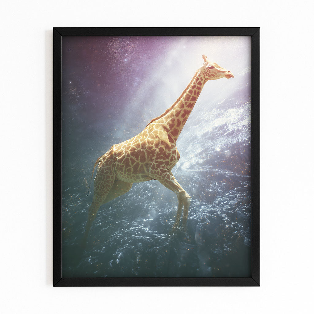 Framed artwork of a giraffe underwater with a black frame.