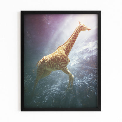 Framed artwork of a giraffe underwater with a black frame.