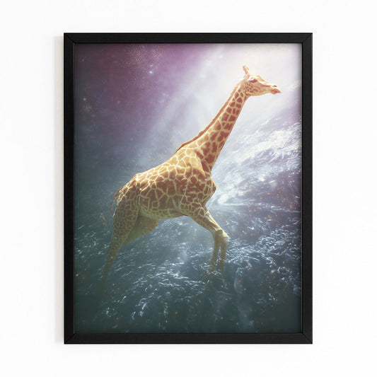 Framed artwork of a giraffe underwater with a black frame.