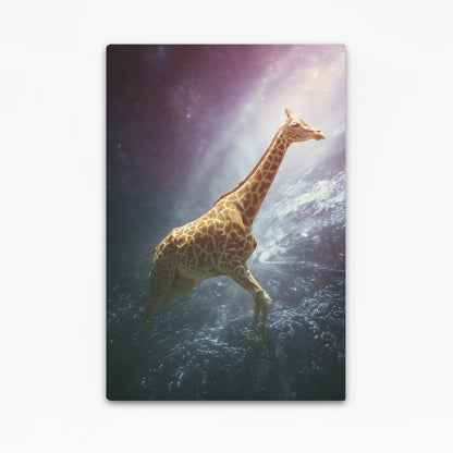 Giraffe standing on a rocky surface with a sunlit background