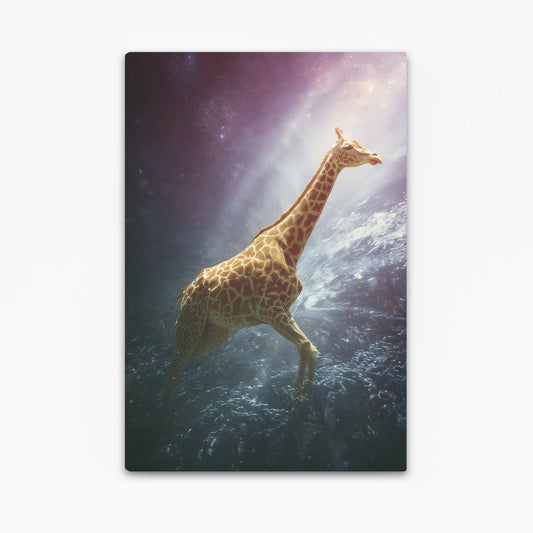 Giraffe standing on a rocky surface with a sunlit background