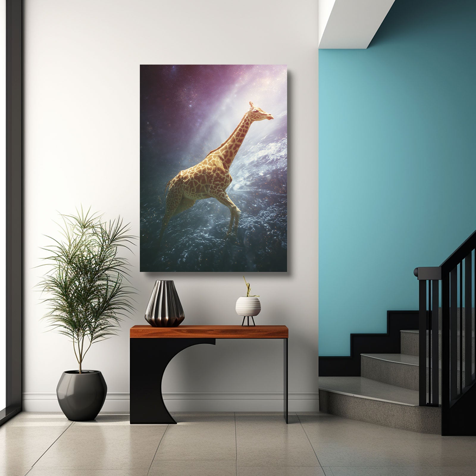 Giraffe painting on a wall above a table with decorative items in a modern interior setting.