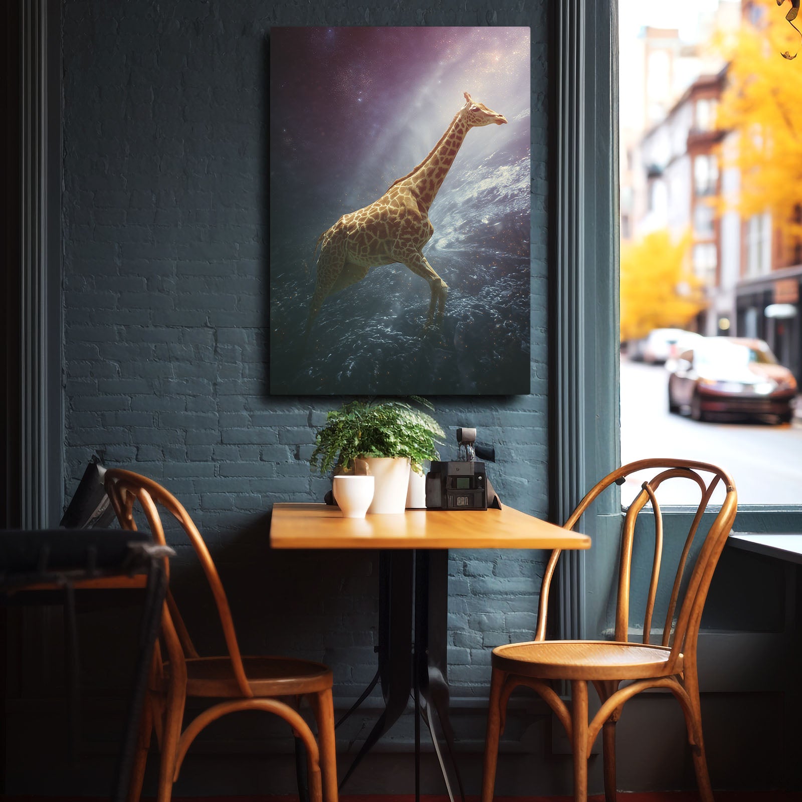 Restaurant interior with a table and chairs, wall art of a giraffe, and cityscape view.