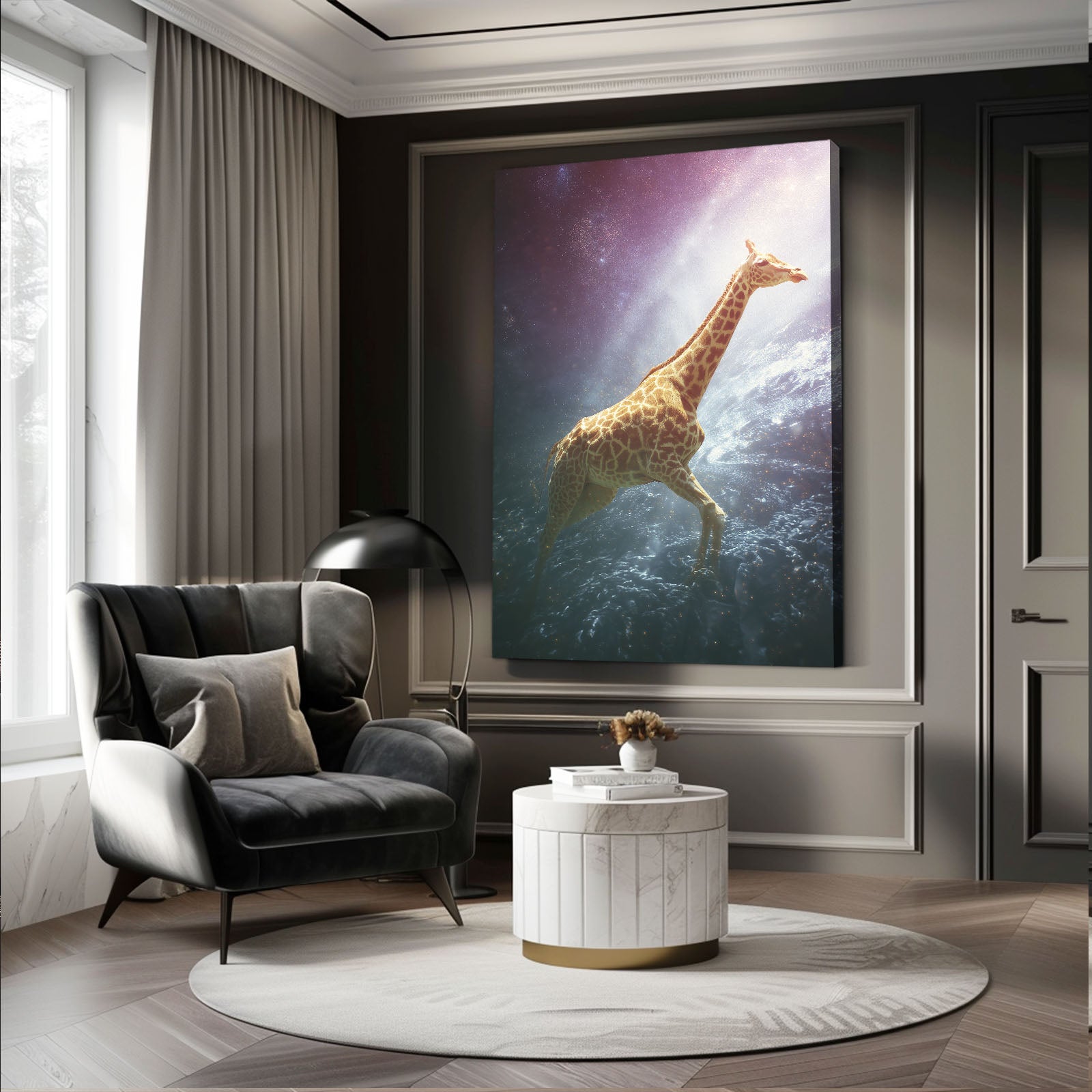 Modern living room with a large giraffe painting on the wall