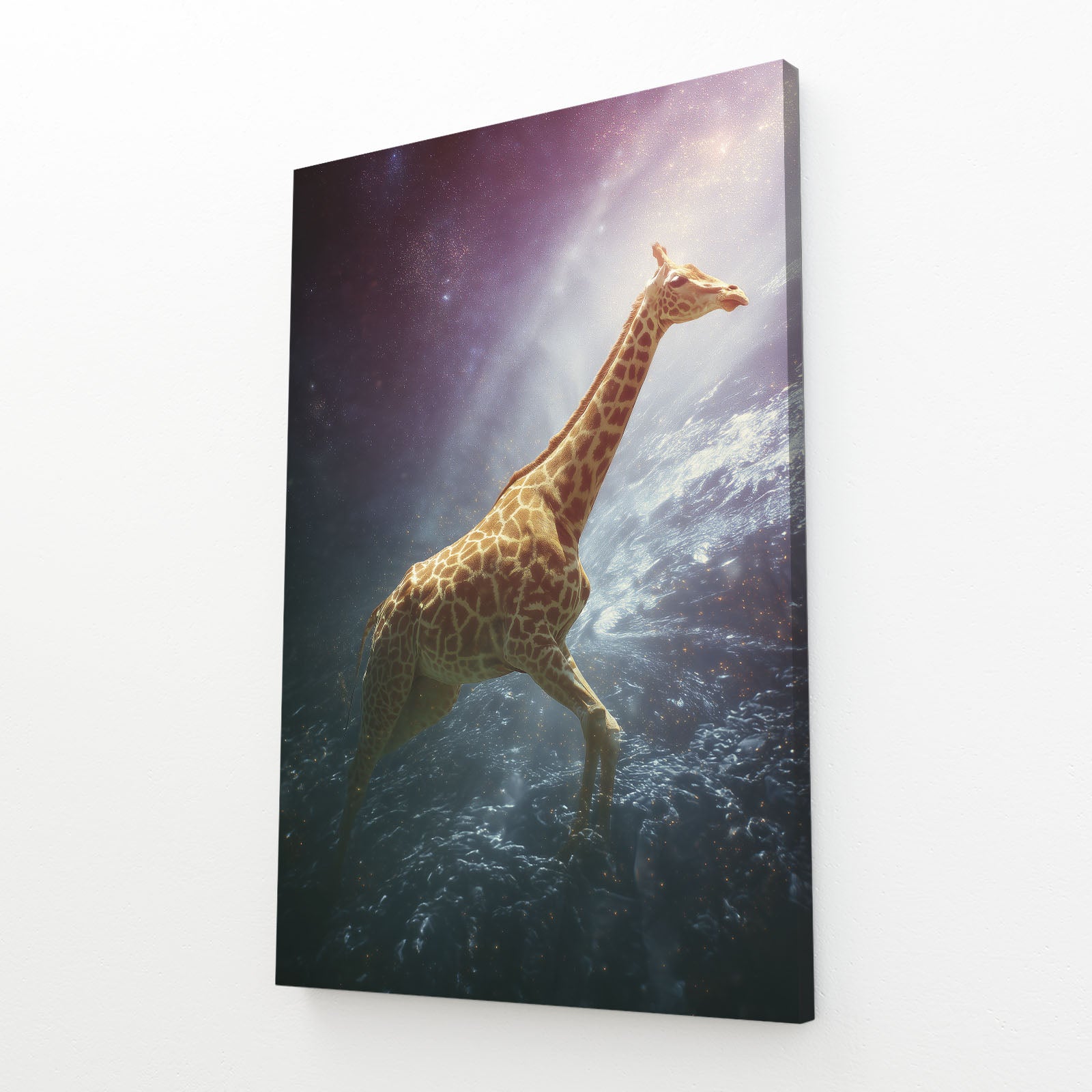 Canvas print of a giraffe in a natural setting with sunlight