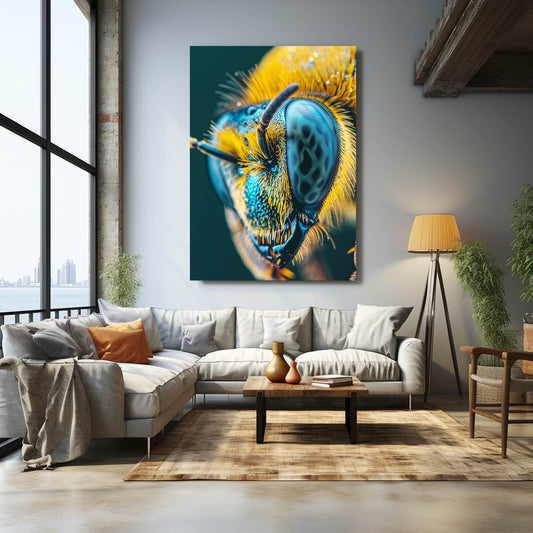 Bee Close Up Art — 3d canvas print in blue tones, view 3