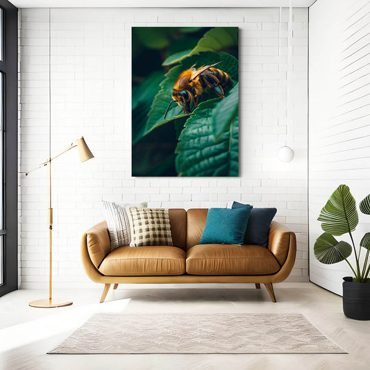 Bee On Leaf Art — botanical canvas print in blue tones, view 3
