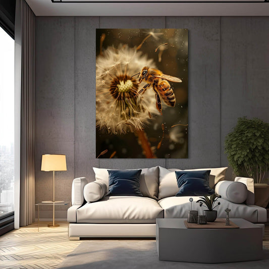 Bee With Dandelion Seeds Art — photography canvas print in brown tones, view 3