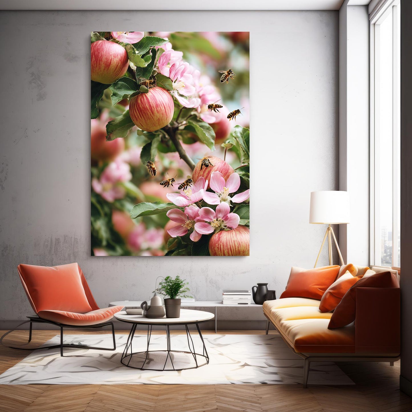 Bees And Blossom Apple Wall Art – styled in a furnished interior