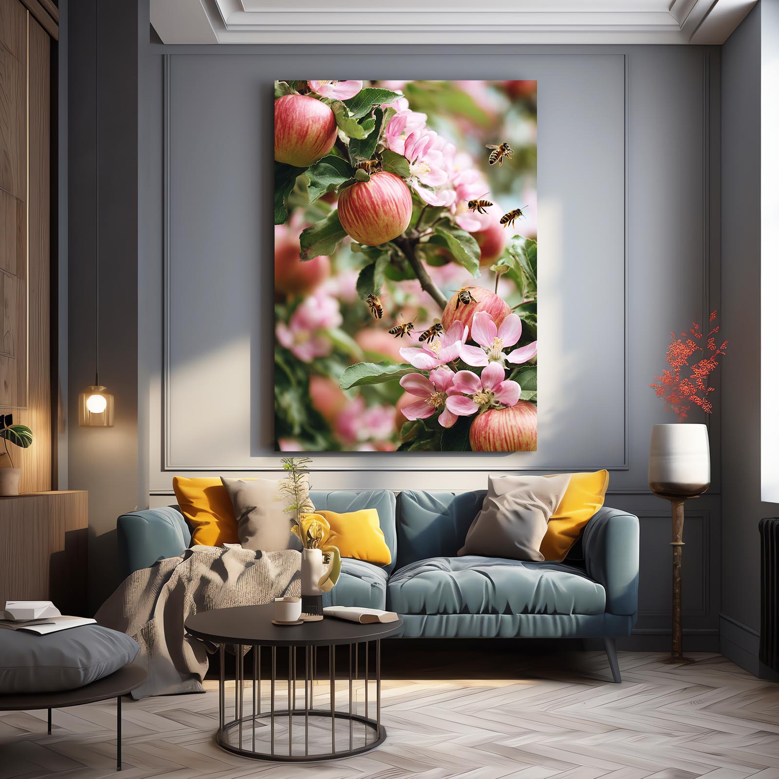 Bees And Blossom Apple Wall Art – styled in a furnished interior