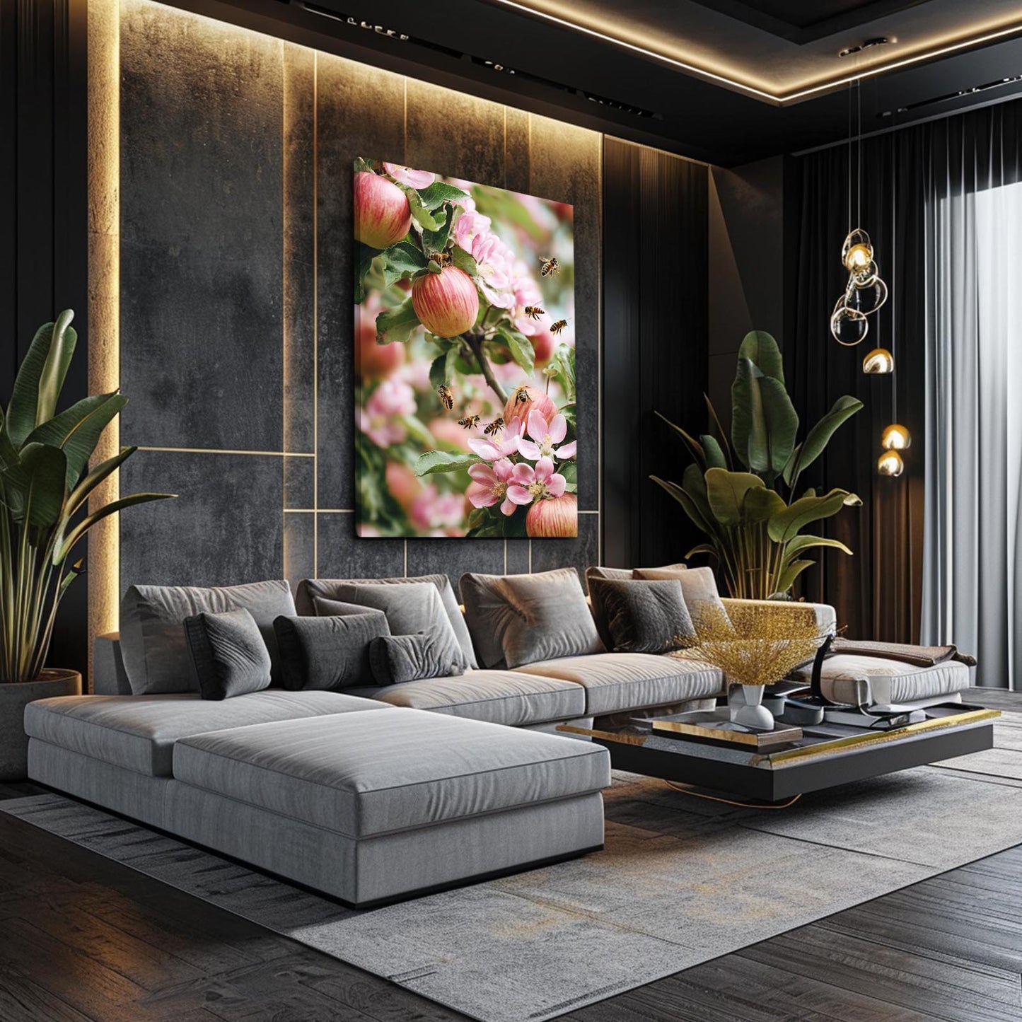 Bees And Blossom Apple Wall Art – styled in a furnished interior