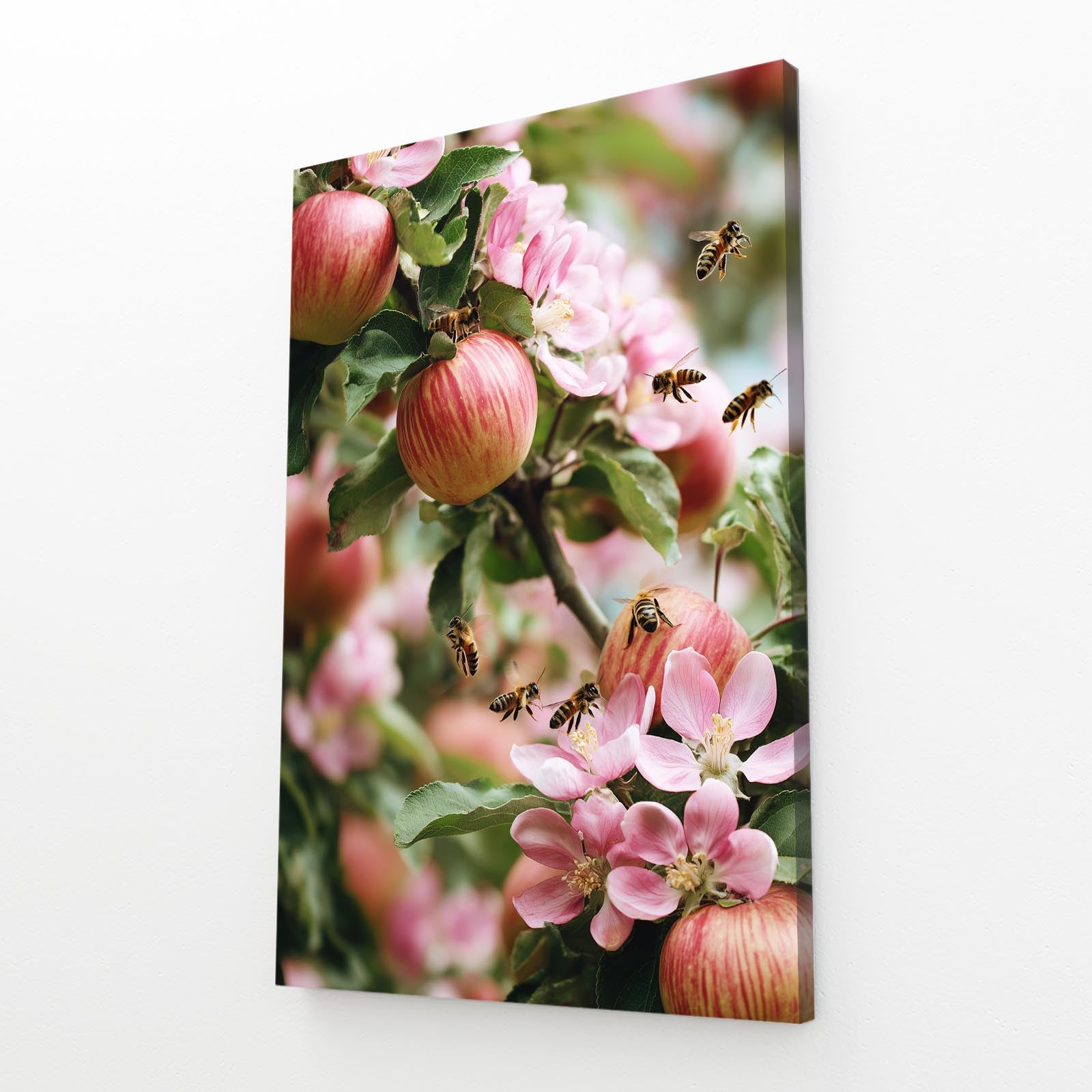 Bees And Blossom Apple Wall Art – angled canvas view on white background