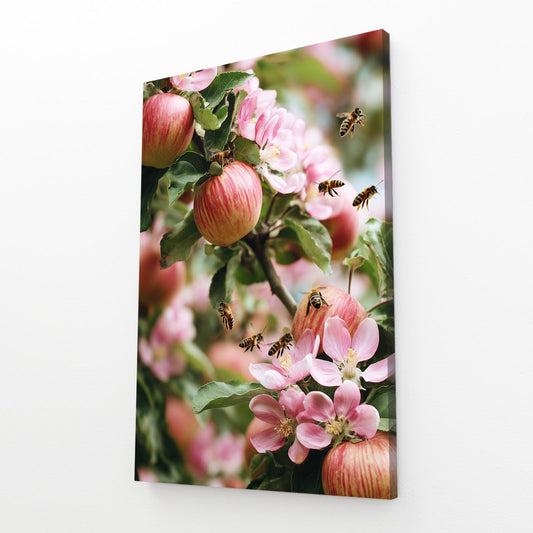Bees And Blossom Apple Wall Art – angled canvas view on white background