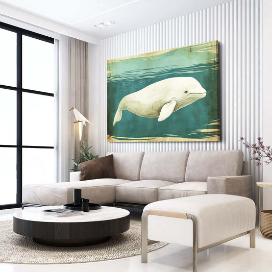 Beluga Whale Art — coastal canvas print in blue tones, view 3