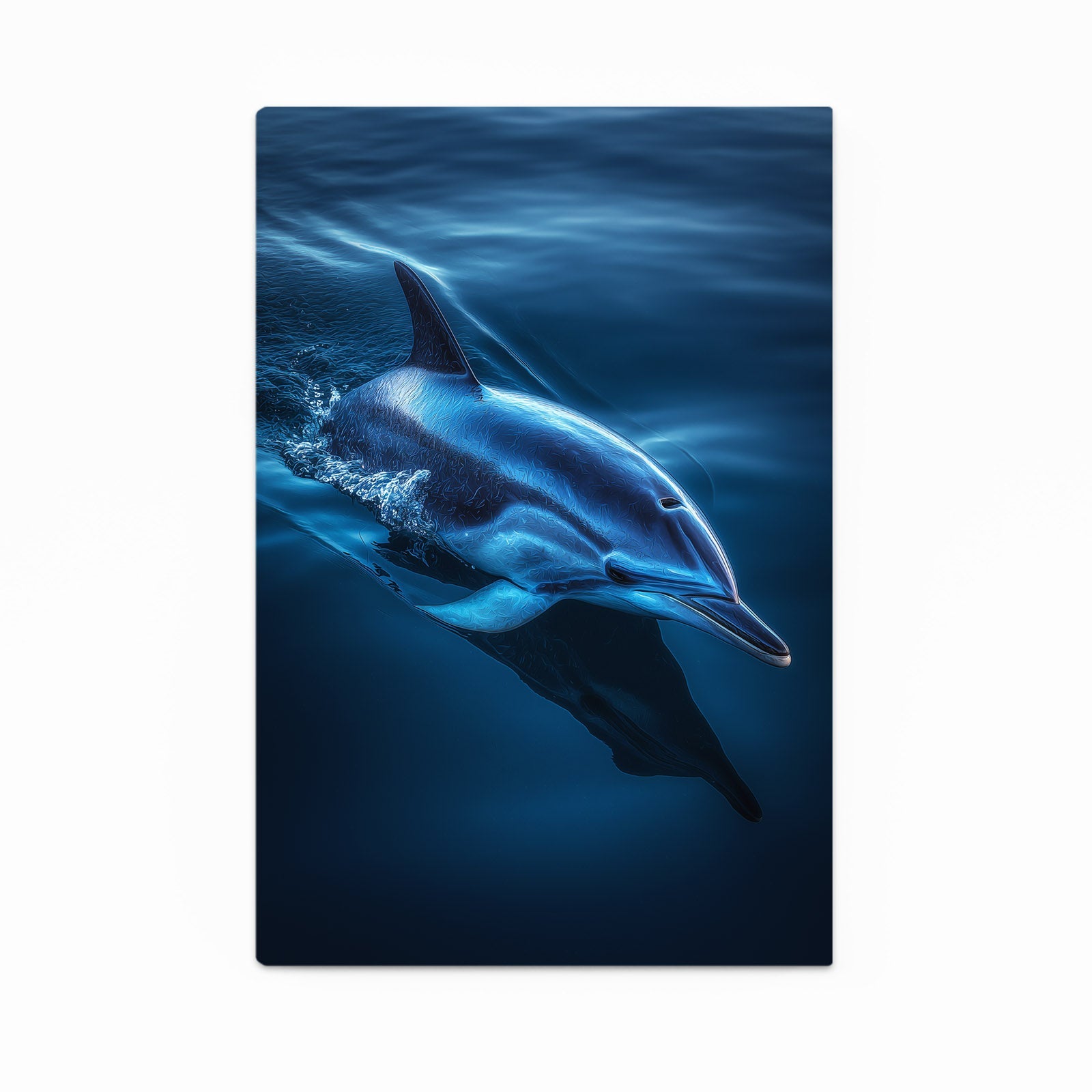 Beneath the Surface Dolphin Art – dolphin gliding just beneath a dark blue water surface threaded with light rays
