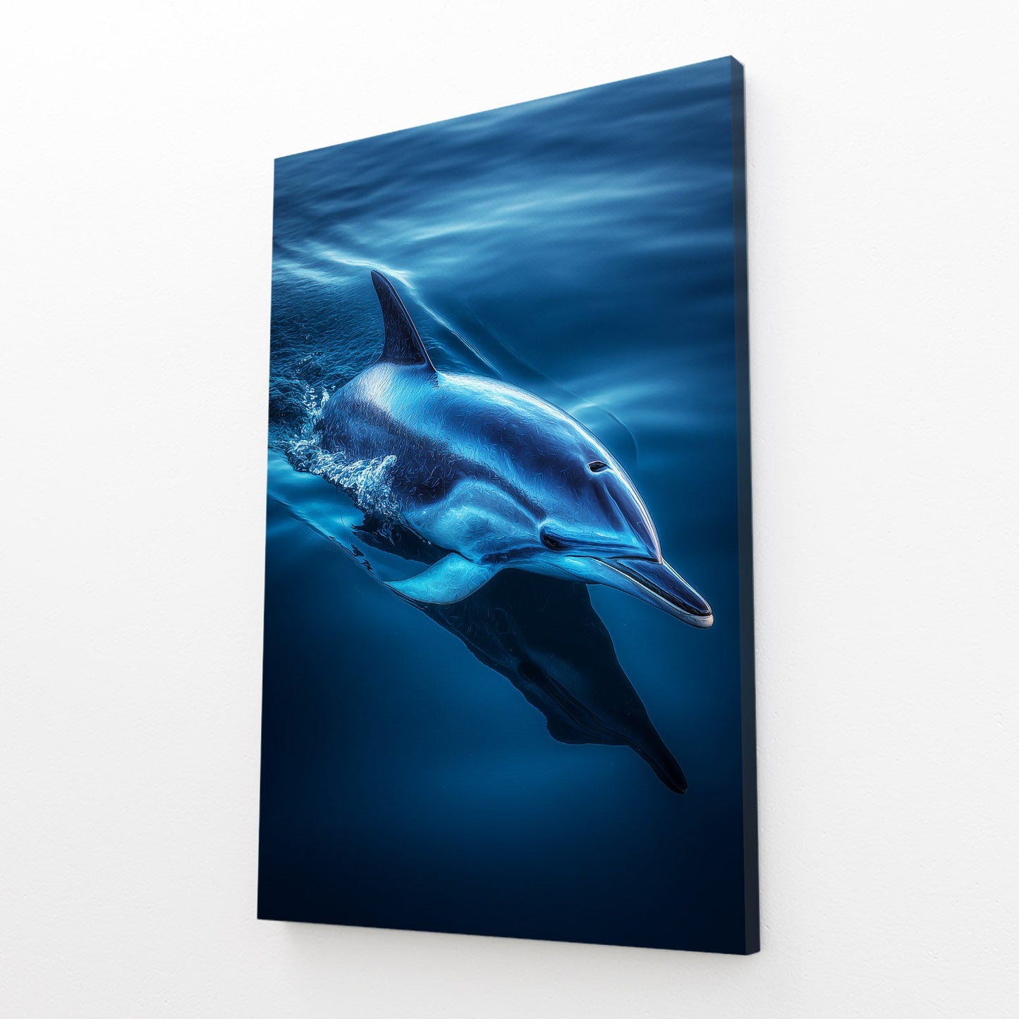Beneath the Surface Dolphin Art – angled canvas view on white background
