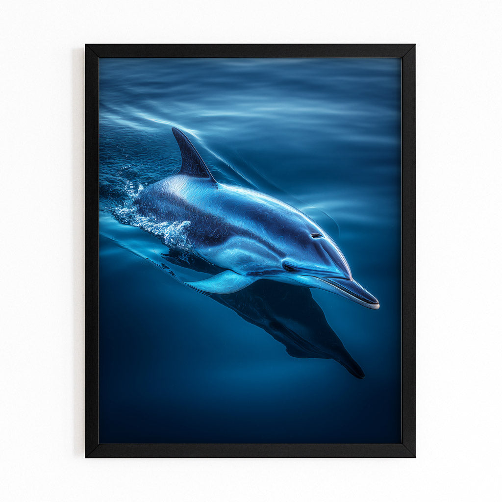 Beneath the Surface Dolphin Art – with Premium Black wood frame on white background