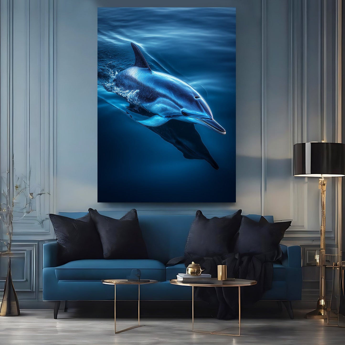 Beneath the Surface Dolphin Art – styled in a furnished interior