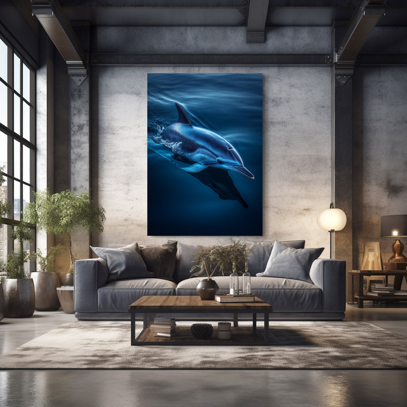 Beneath the Surface Dolphin Art – styled in a furnished interior