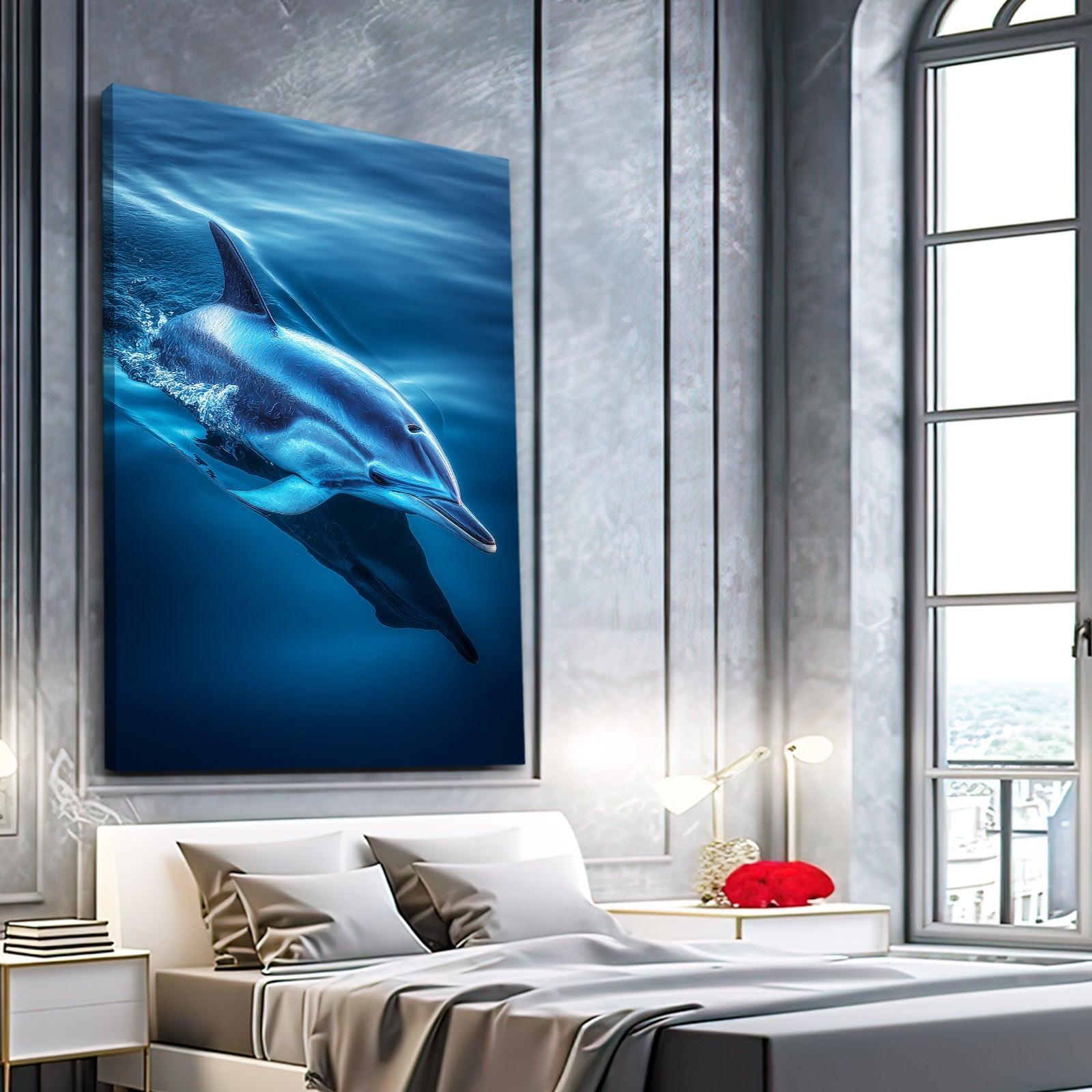 Beneath the Surface Dolphin Art – styled in a furnished interior