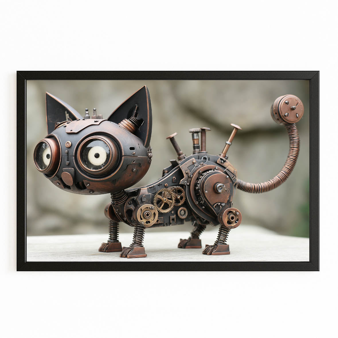 Big-Eye Clockwork Cat Steampunk Canvas Art – with Premium Black frame on white background