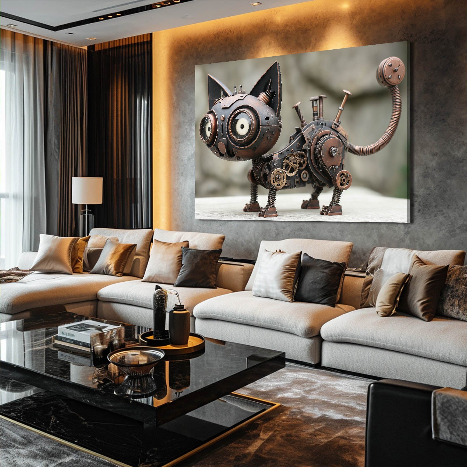 Big-Eye Clockwork Cat Steampunk Canvas Art – styled in a furnished interior