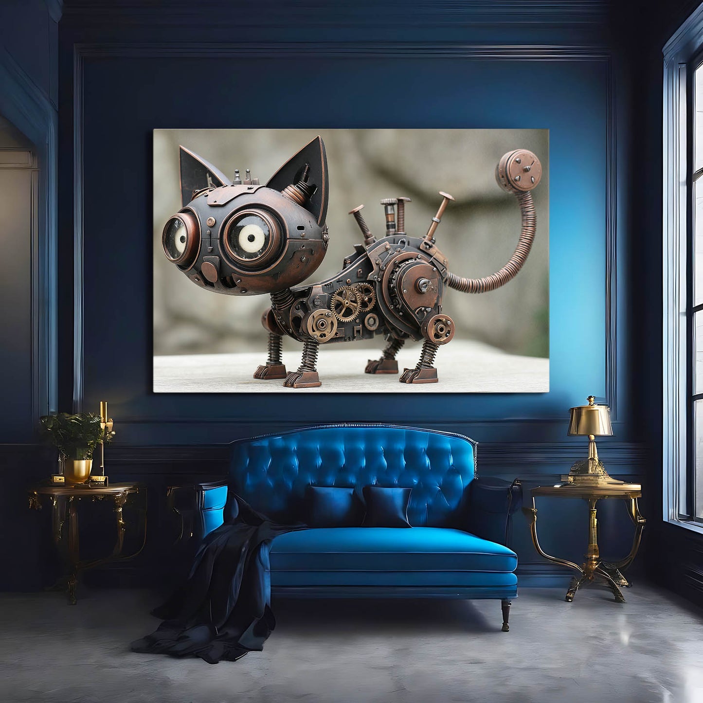 Big-Eye Clockwork Cat Steampunk Canvas Art – styled in a furnished interior