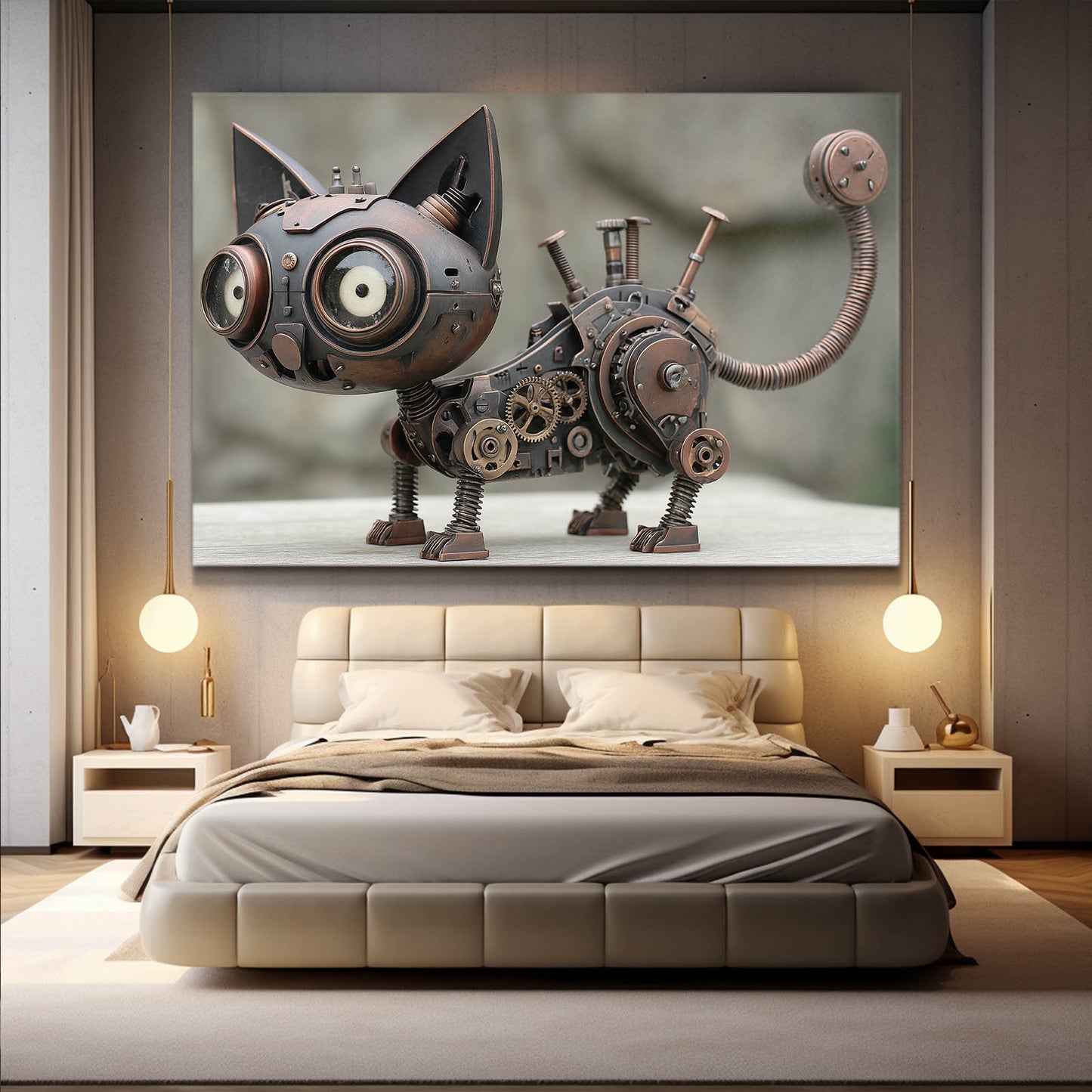 Big-Eye Clockwork Cat Steampunk Canvas Art – styled in a furnished interior