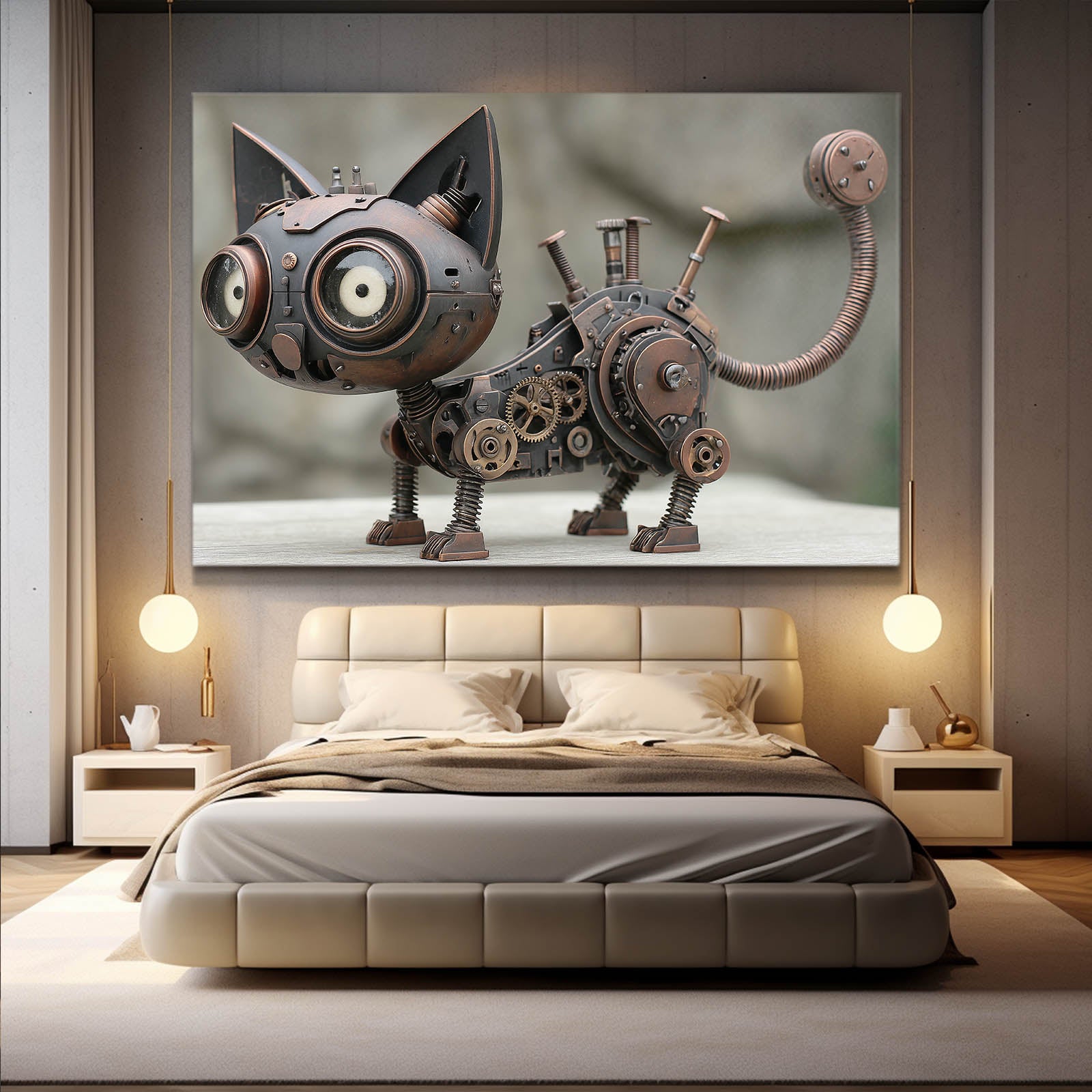 Big-Eye Clockwork Cat Steampunk Canvas Art – styled in a furnished interior