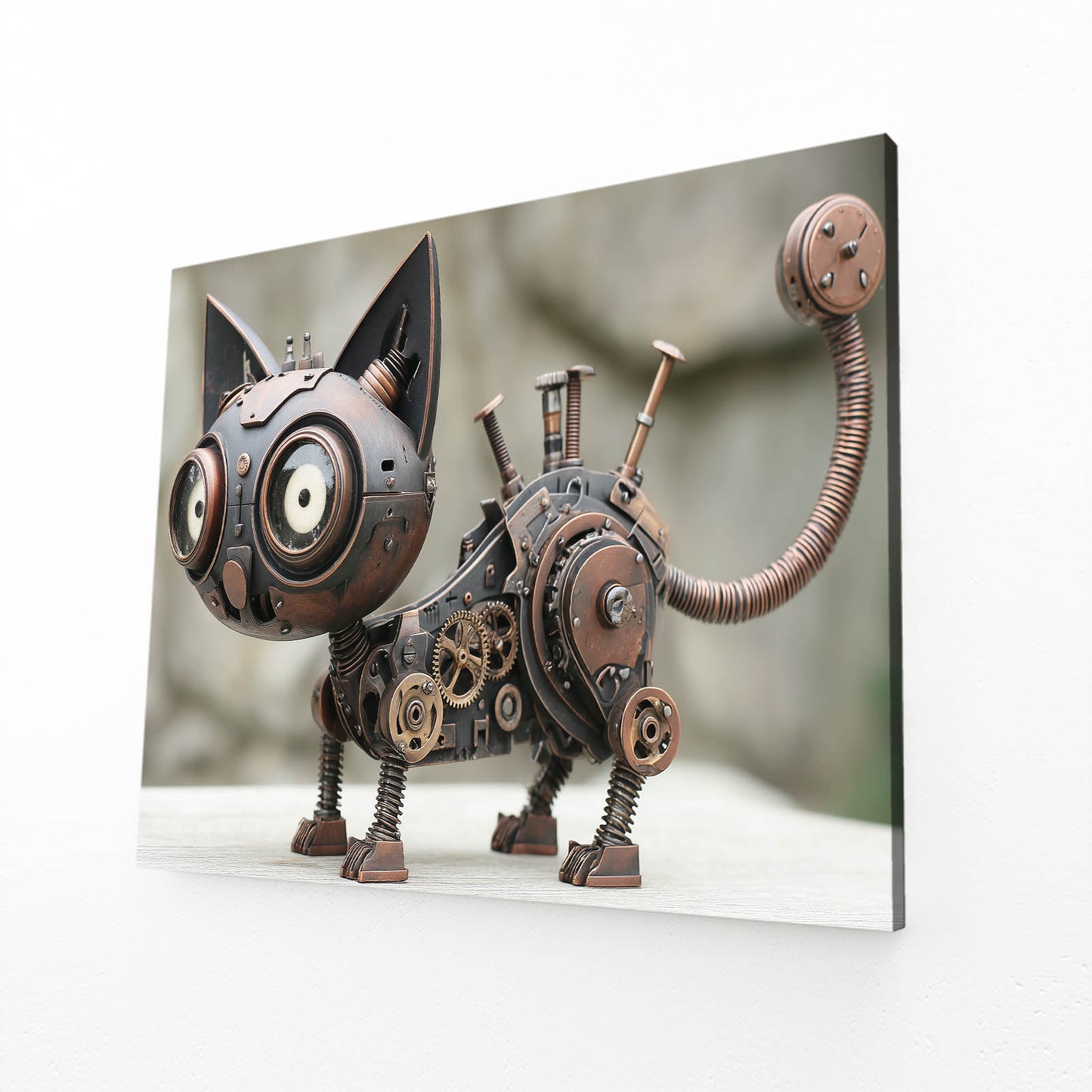 Big-Eye Clockwork Cat Steampunk Canvas Art – angled canvas view on white background