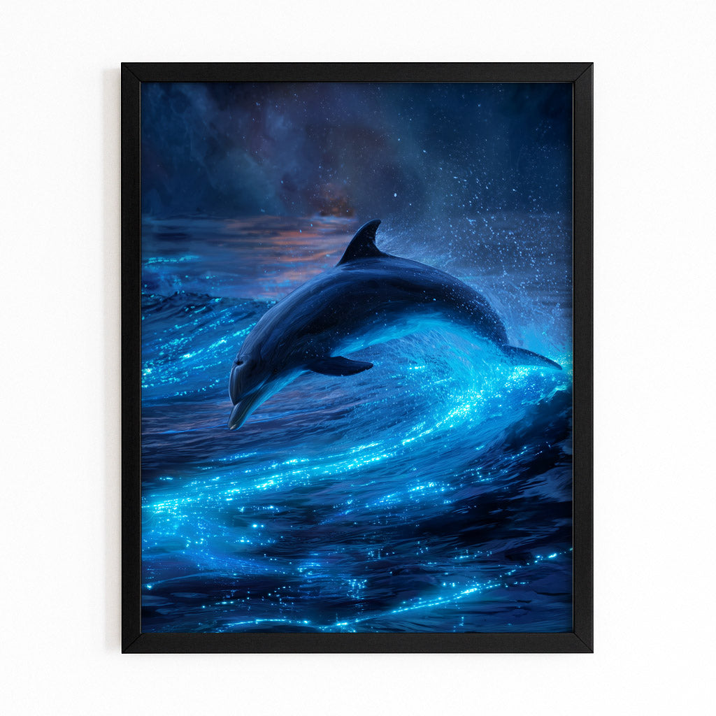 Bioluminescent Night Dolphin Art – with Premium Black wood frame on white background