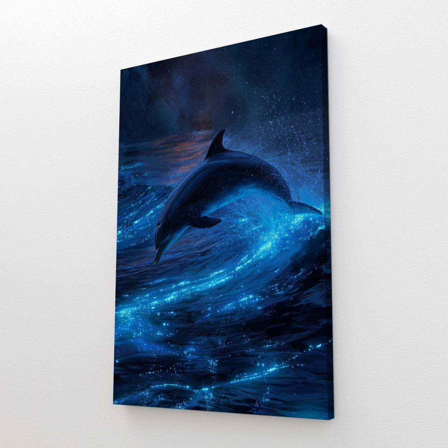 Bioluminescent Night Dolphin Art – styled in a furnished interior