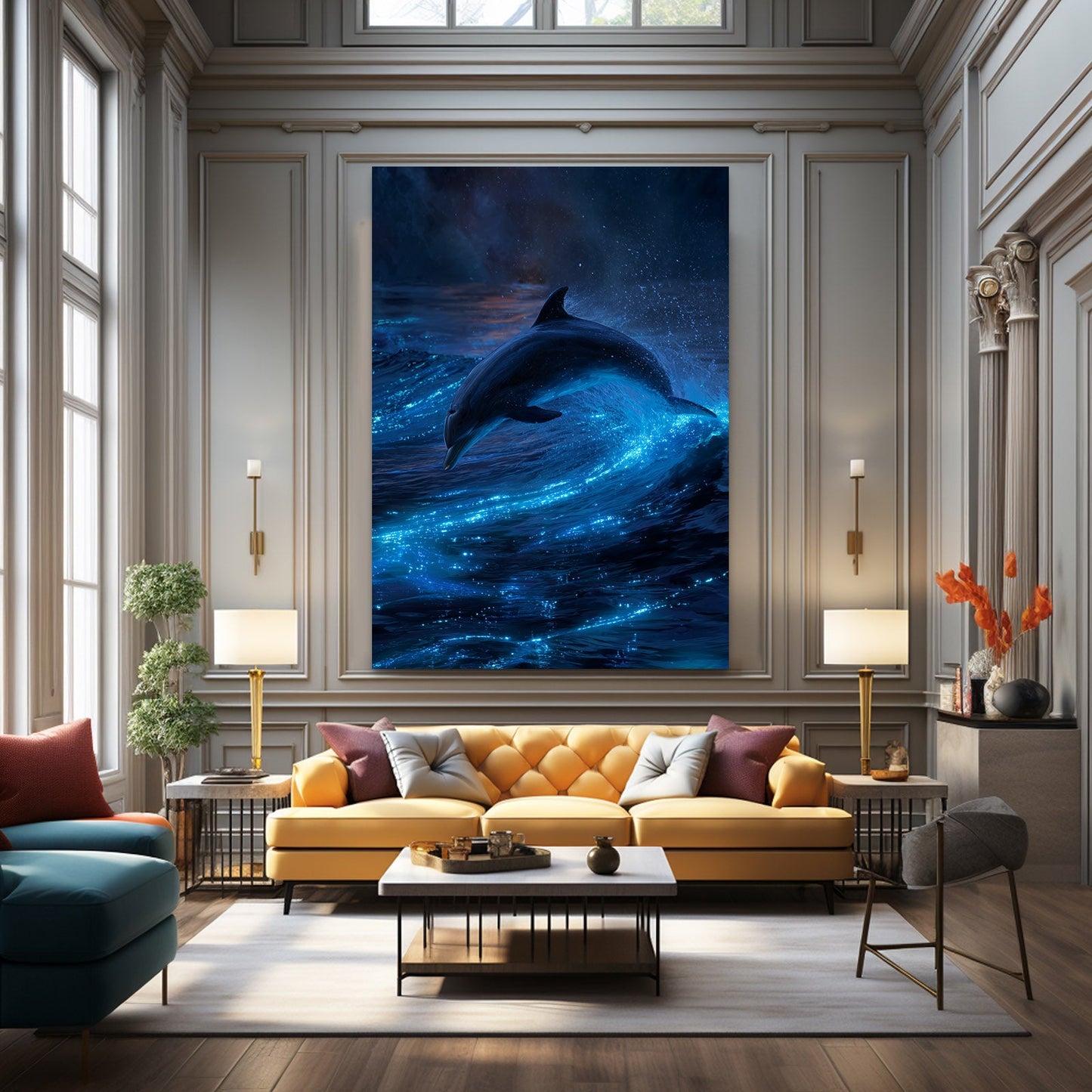 Bioluminescent Night Dolphin Art – styled in a furnished interior