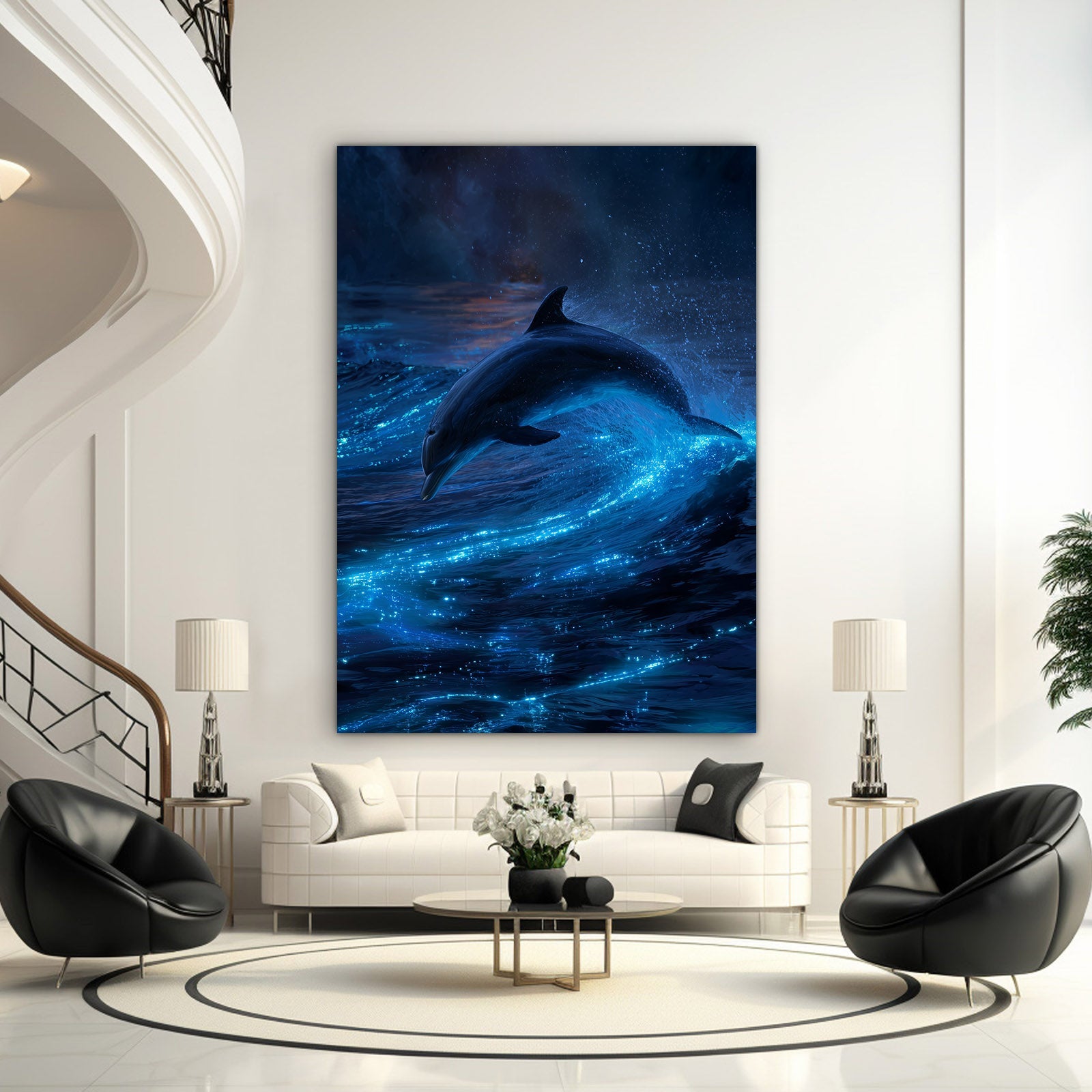 Bioluminescent Night Dolphin Art – styled in a furnished interior