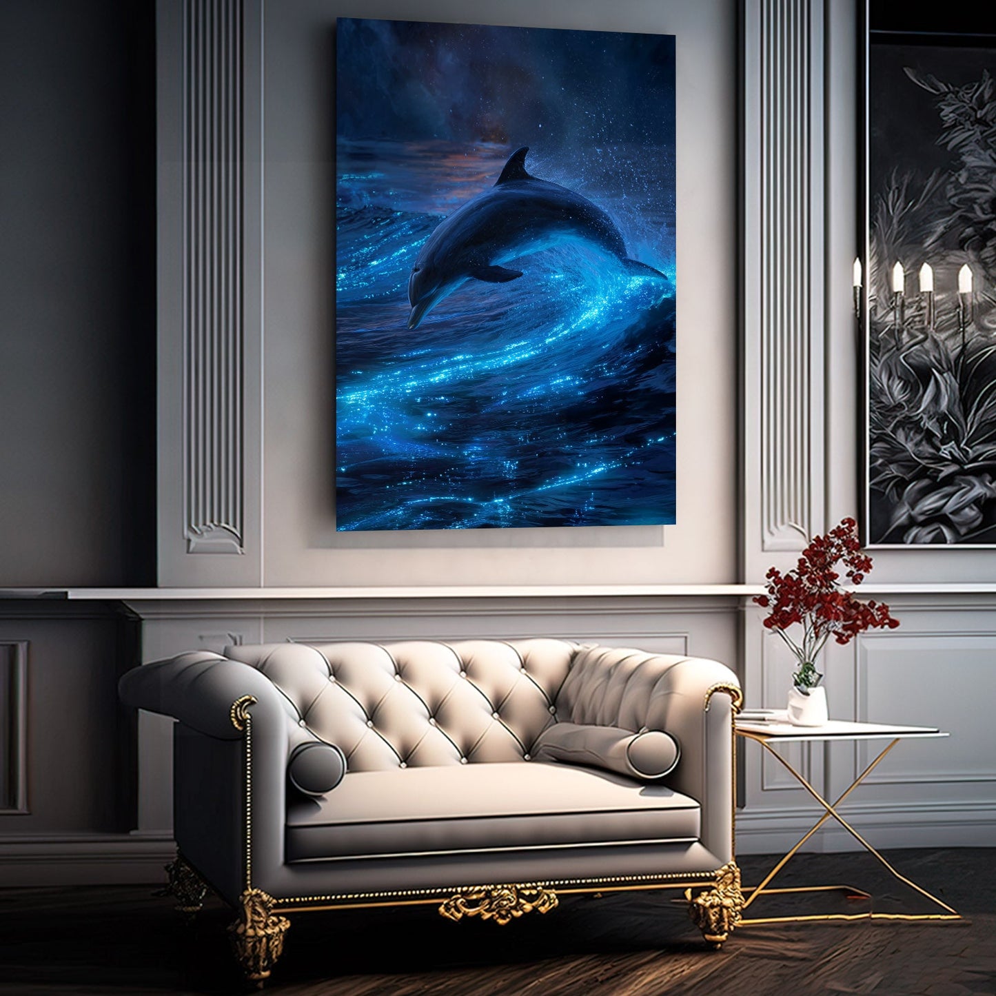 Bioluminescent Night Dolphin Art – styled in a furnished interior
