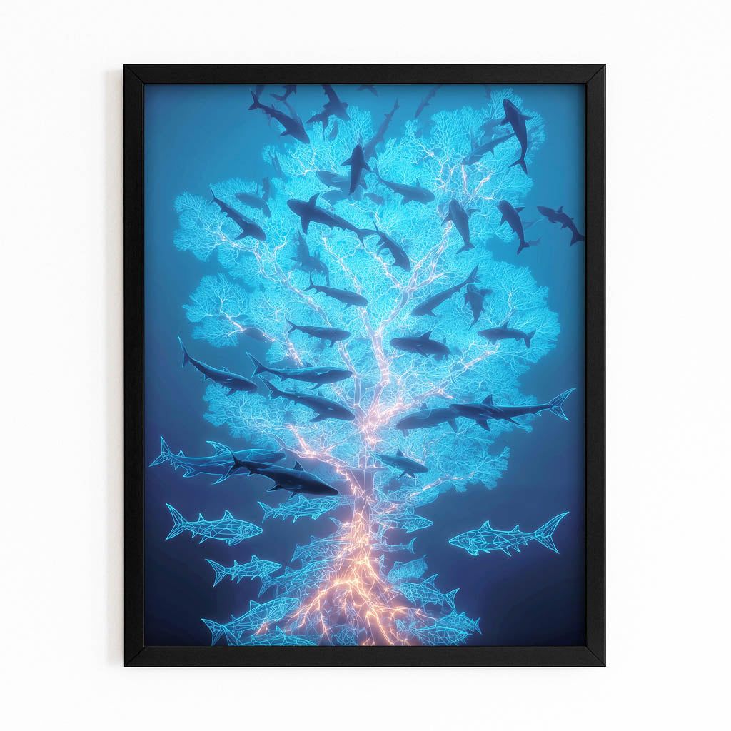 Bioluminescent School Shark Art – with Premium Black frame on white background