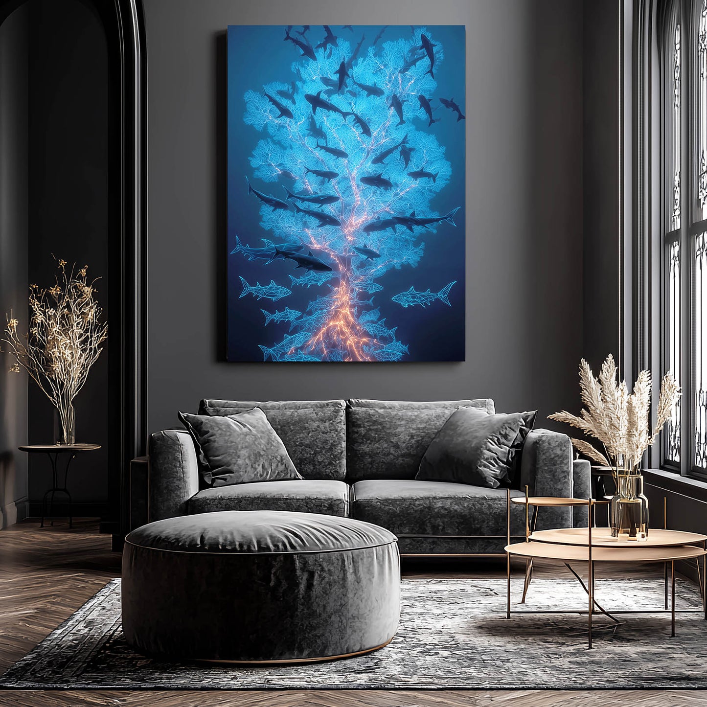 Bioluminescent School Shark Art – styled in a furnished interior
