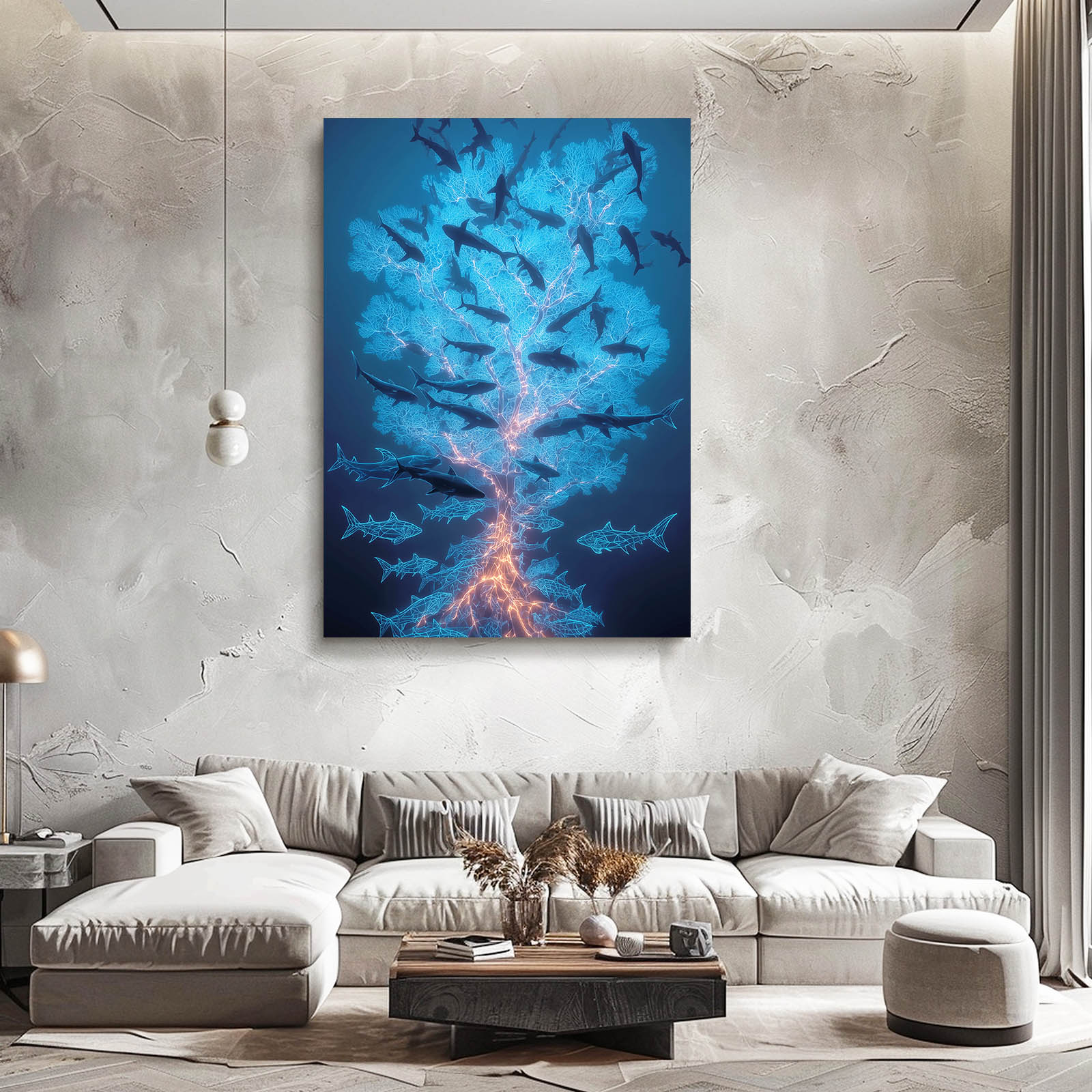Bioluminescent School Shark Art – styled in a furnished interior
