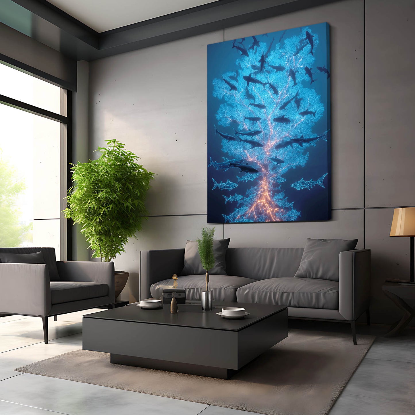 Bioluminescent School Shark Art – styled in a furnished interior
