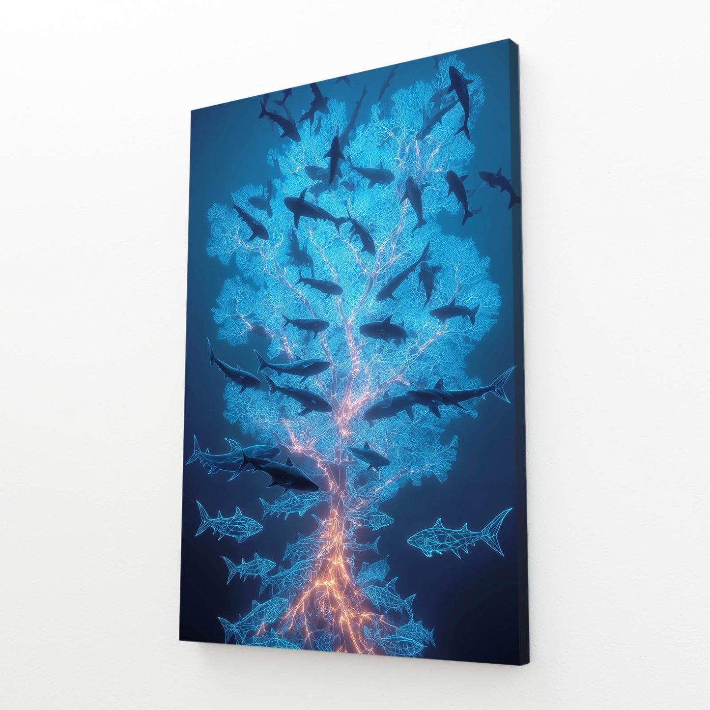 Bioluminescent School Shark Art – angled canvas view on white background