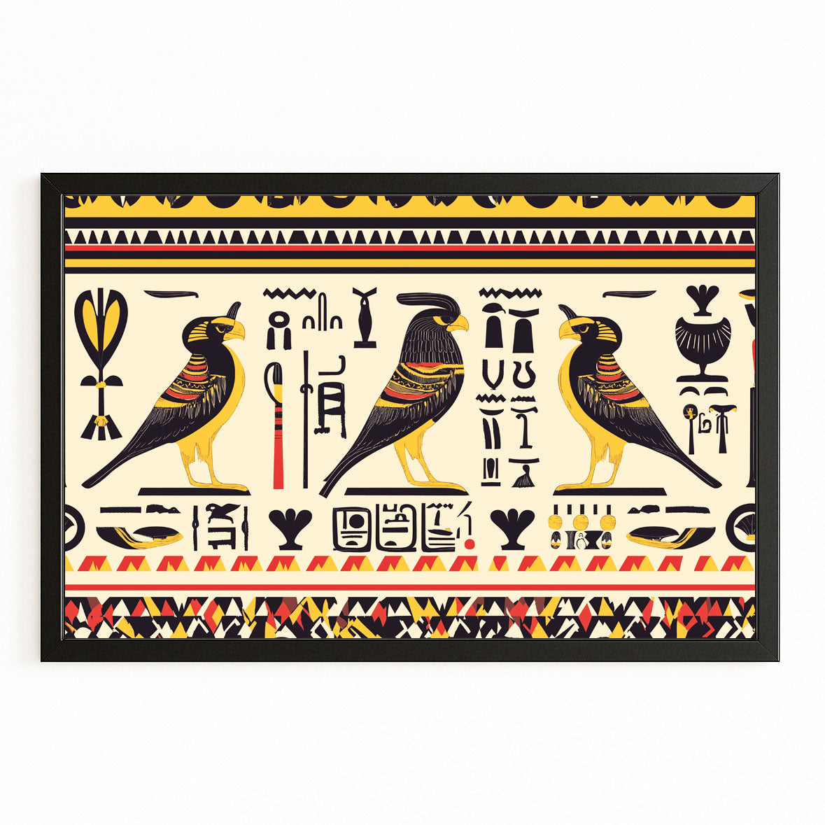 Bird Hieroglyph Pattern Egyptian Canvas – with Premium Black frame on white background