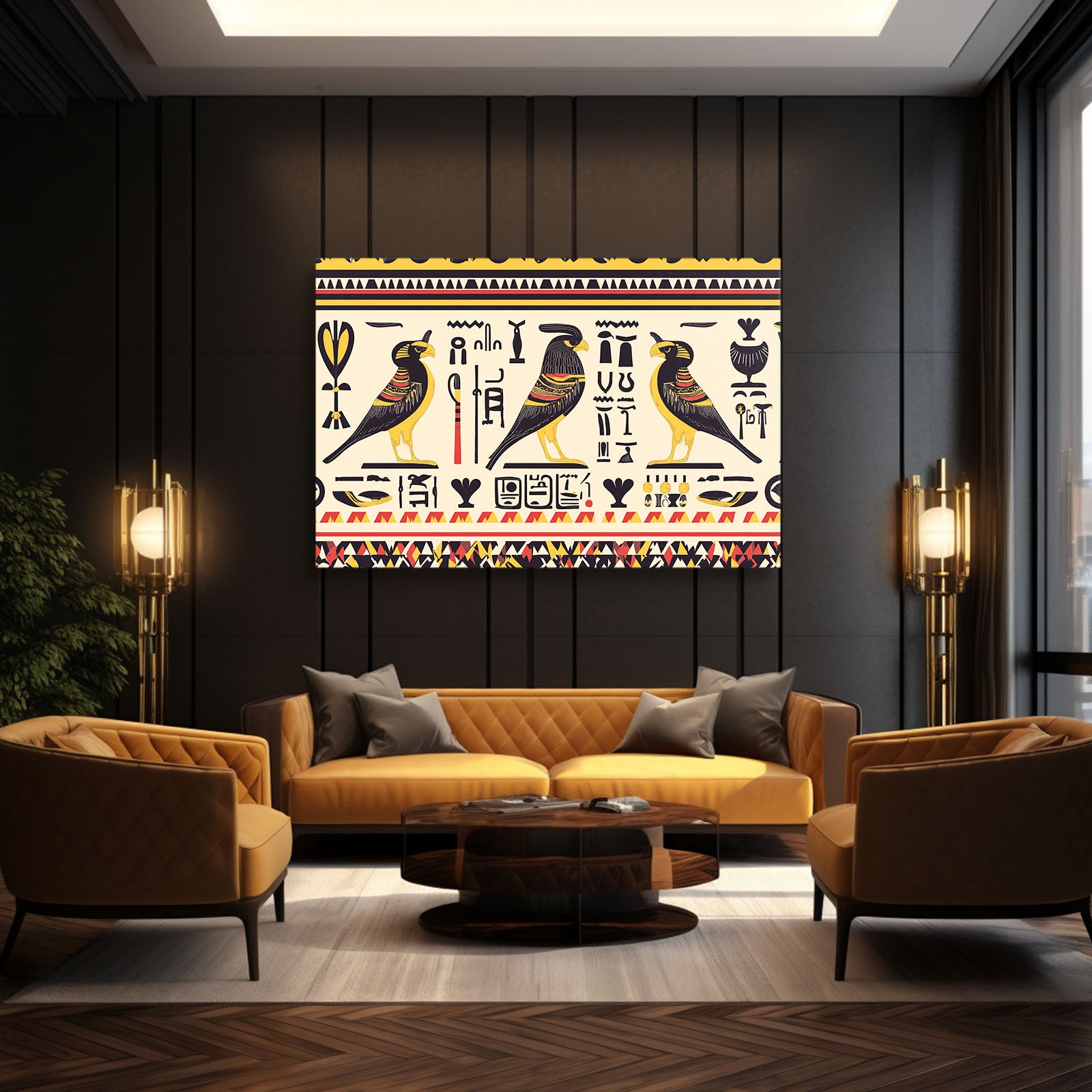 Bird Hieroglyph Pattern Egyptian Canvas – styled in a furnished interior